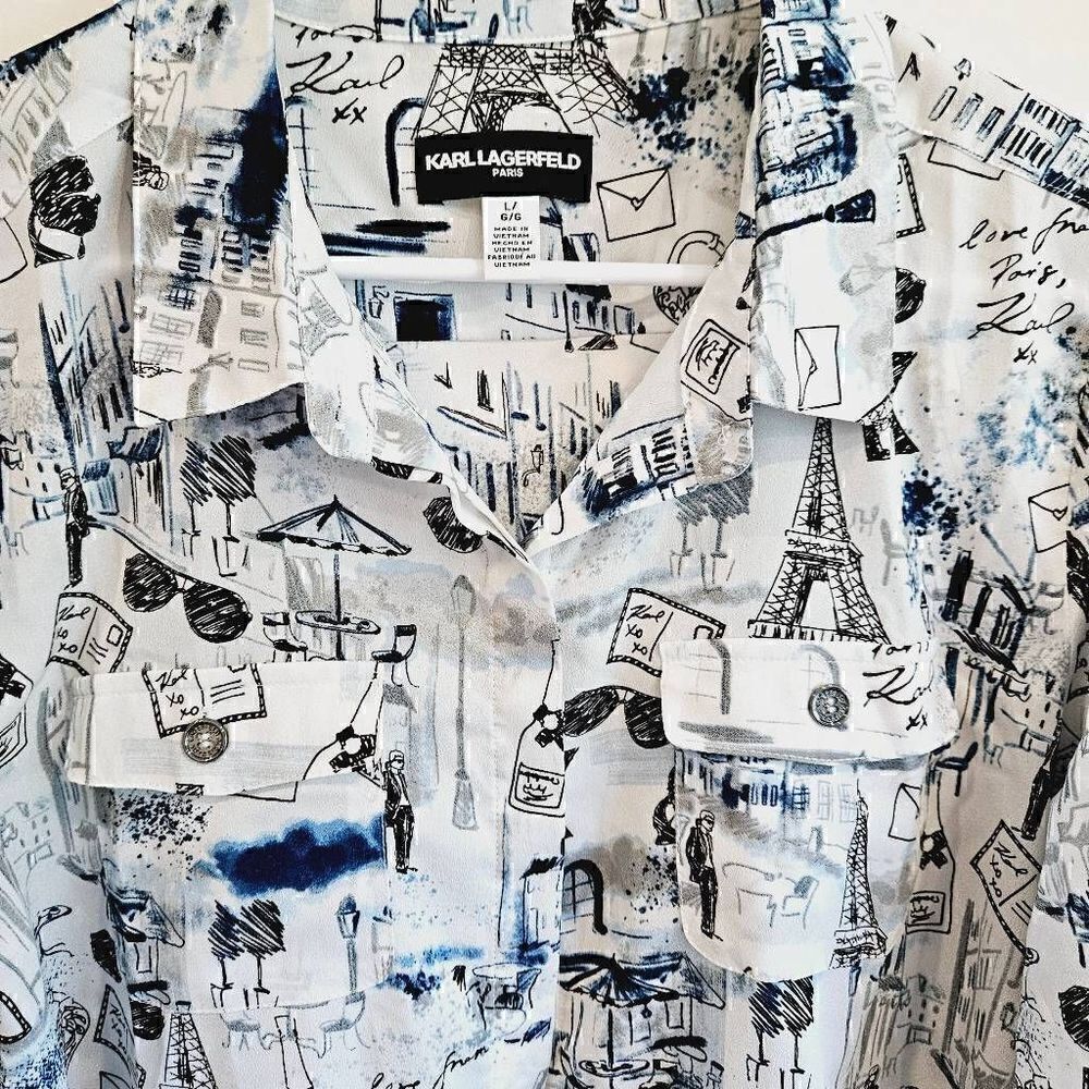 Karl Lagerfeld Paris Women's Long Sleeve Whimsical Blouse L - Picture 5 of 8